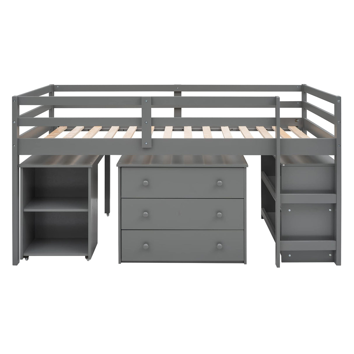 Twin Loft Bed with Desk Low Study Kids Twin Loft Bed with Storage Drawers, Low Loft Bed Twin for Kids Twin Loft Bed with Safety Guard Rails and Bookcase Shelf (Grey, Twin Loft with Desk) Harper & Bright Designs