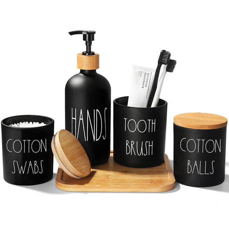 ALPIRIRAL Matte Black Bathroom Accessories Set, 5 Pcs Glass Bathroom Accessory Set with Bamboo Tray, Soap Dispenser and Toothbrush Holder Set, Qtip Holder Set, Farmhouse Boho Bathroom Set Complete ALPIRIRAL