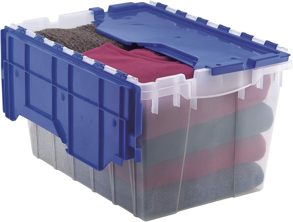 Akro-Mils KeepBox 12 Gallon Storage Container, Nesting and Stackable Plastic Storage Box with Lid Attached, Clear Tote for Garages, Closets, and Moving, 21-1/2" x 15" x 12-1/2", Clear/Blue Akro-Mils