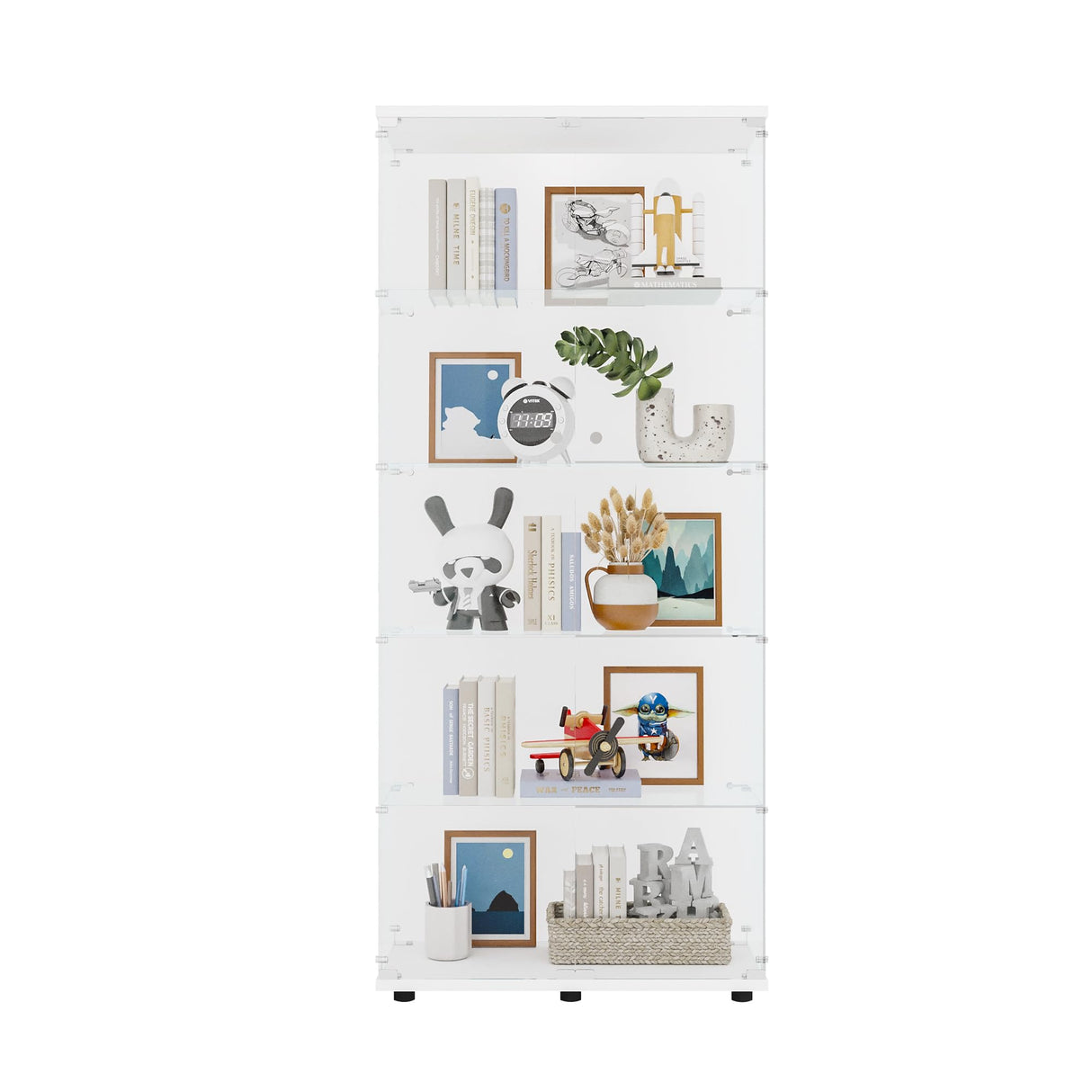 CISURCPI Glass Display Cabinet with 5 Shelves Double Door, Curio Cabinets for Living Room, Bedroom, Office, White Floor Standing Glass Bookshelf, Quick Installation，73.82”(H) x 31.69”(L) x 14.37”(W) CISURCPI