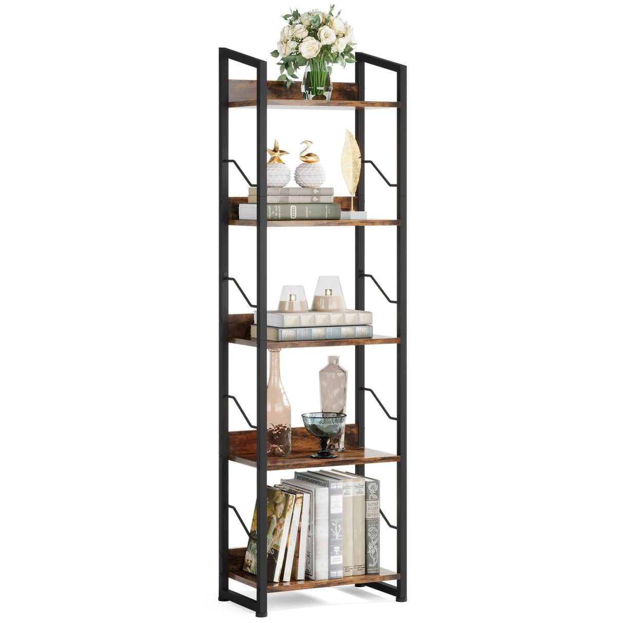 Hosfais 5-Tier Rustic Brown Narrow Bookshelf with Edge Protection for Home and Office Hosfais
