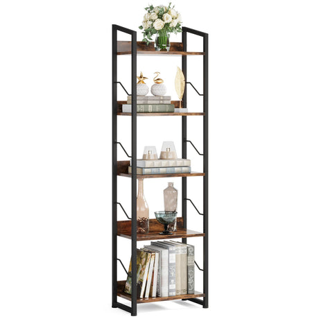 Hosfais 5-Tier Rustic Brown Narrow Bookshelf with Edge Protection for Home and Office Hosfais