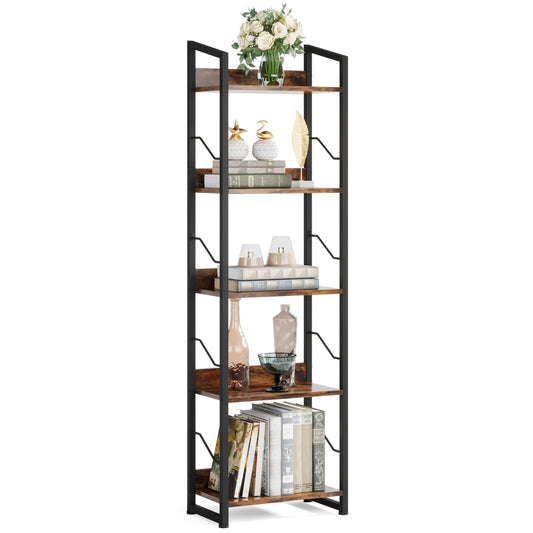 Hosfais 5-Tier Rustic Brown Narrow Bookshelf with Edge Protection for Home and Office - WoodArtSupply