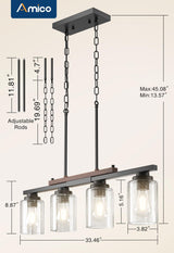 Amico Dining Room Light Fixture 4-Light Kitchen Island Lighting with Adjustable Rods, Farmhouse Decor Black Metal & Wood Chandelier with Seeded Glass Shade, Island Lights for Kitchen Amico