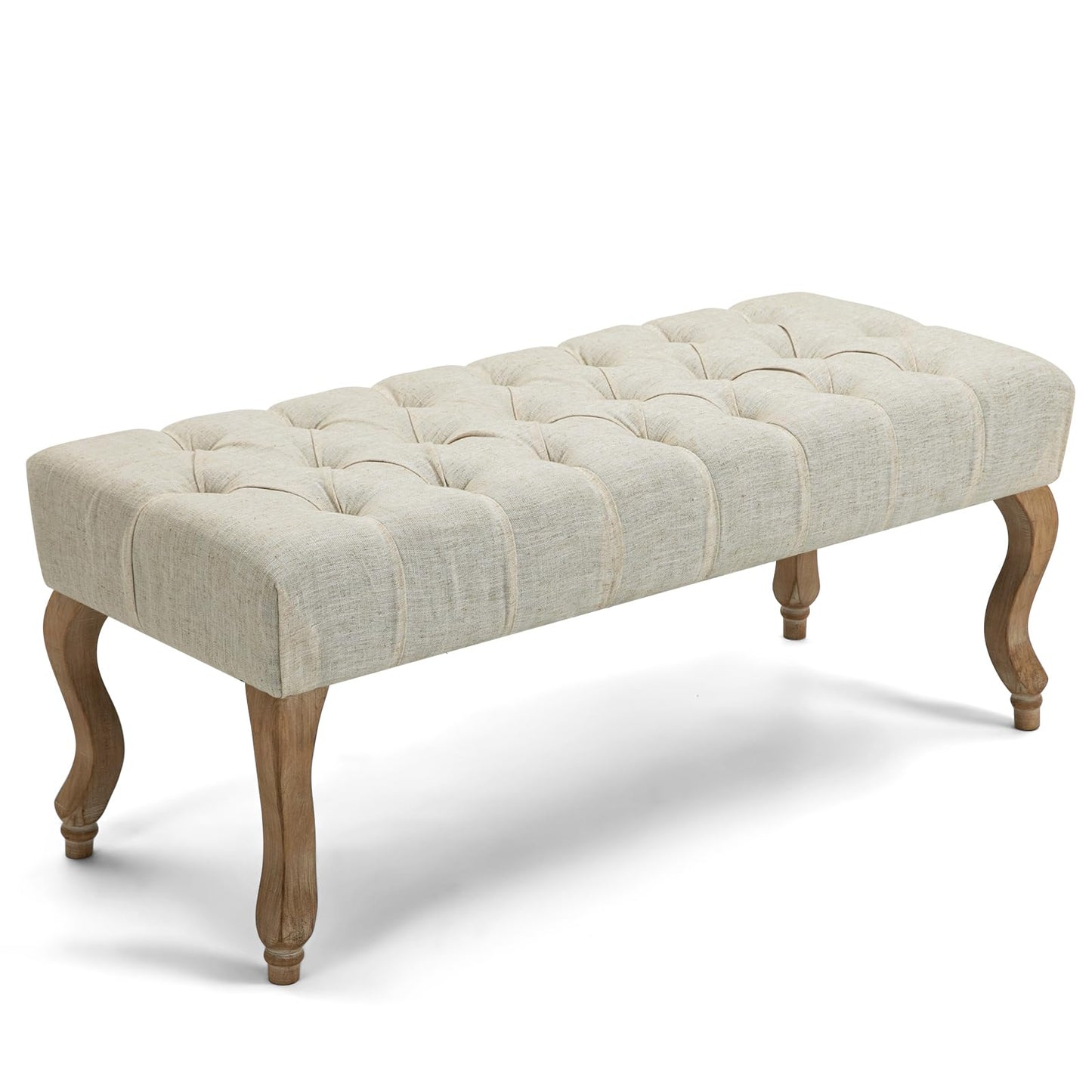 ECOTOUGE French Vintage Button-Tufted Upholstered Entryway Bench, Linen Fabric Accent Bench with Distressed Wood Legs for Living Room, Foyer, Dining Room, Beige - WoodArtSupply