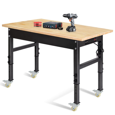 48" Adjustable Work Bench, Rubber Wood Top Workbench Heavy-Duty Work Table with Power Outlet,workbenches Wheels, 2000 LBS Load Capacity Hardwood Work Benches for Garage, Workshop, Home, Office Polar Aurora