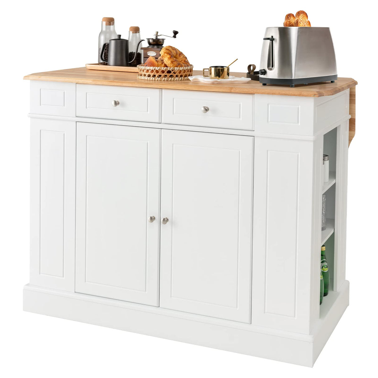 LOKO White Kitchen Island with Drop Leaf, Storage Cabinet, Adjustable Shelves & Drawers LOKO