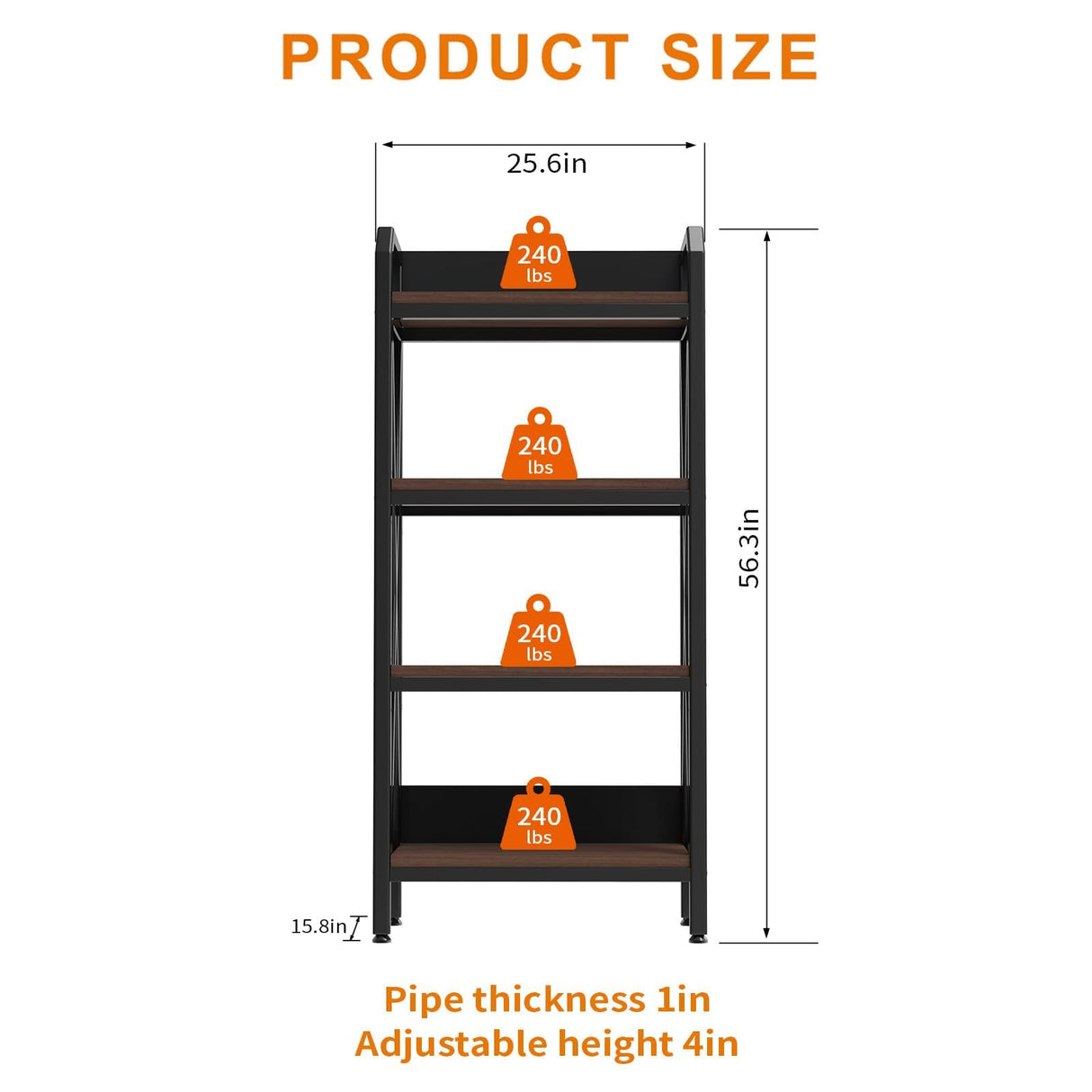 Bakers Rack with 4-Tier Adjustable Wood Shelves, Heavy-Duty Metal Frame Kitchen Shelf Organizer, Microwave Stand for Kitchen, Living Room, Apartments, 25.6" Wider Sailret