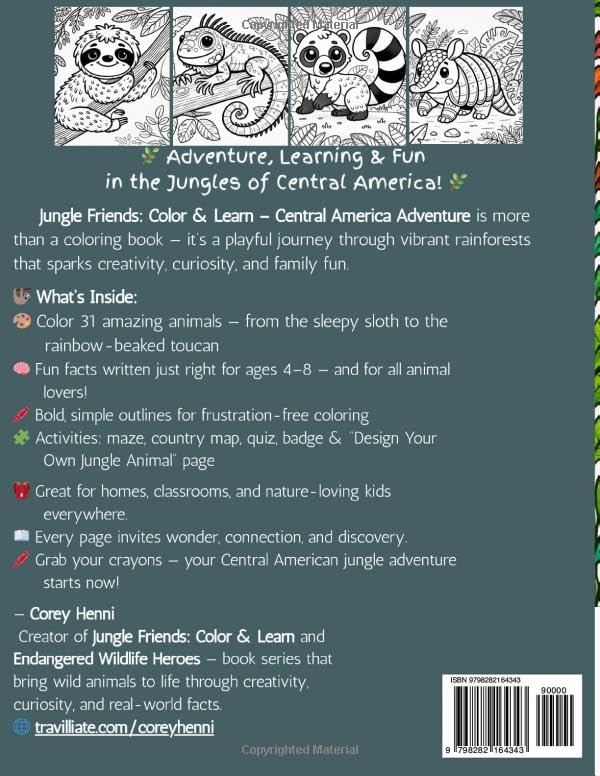Jungle Friends: Color & Learn — Central America Animal Coloring Book: Includes Fun Facts, Activities & Bold Jungle Animal Designs for Kids Ages 4–8 WoodArtSupply