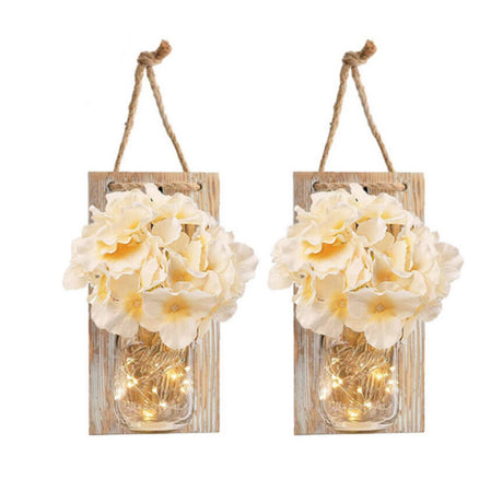 Rustic Mason Jar Wall Decor Sconces with LED Fairy Lights -Battery Cordless Wall Sconces, Farmhouse Wall Decor with Silk Flowers, Perfect for Bedroom, Kitchen, Bathroom, and Home Decor (Set of 2) Muasdae