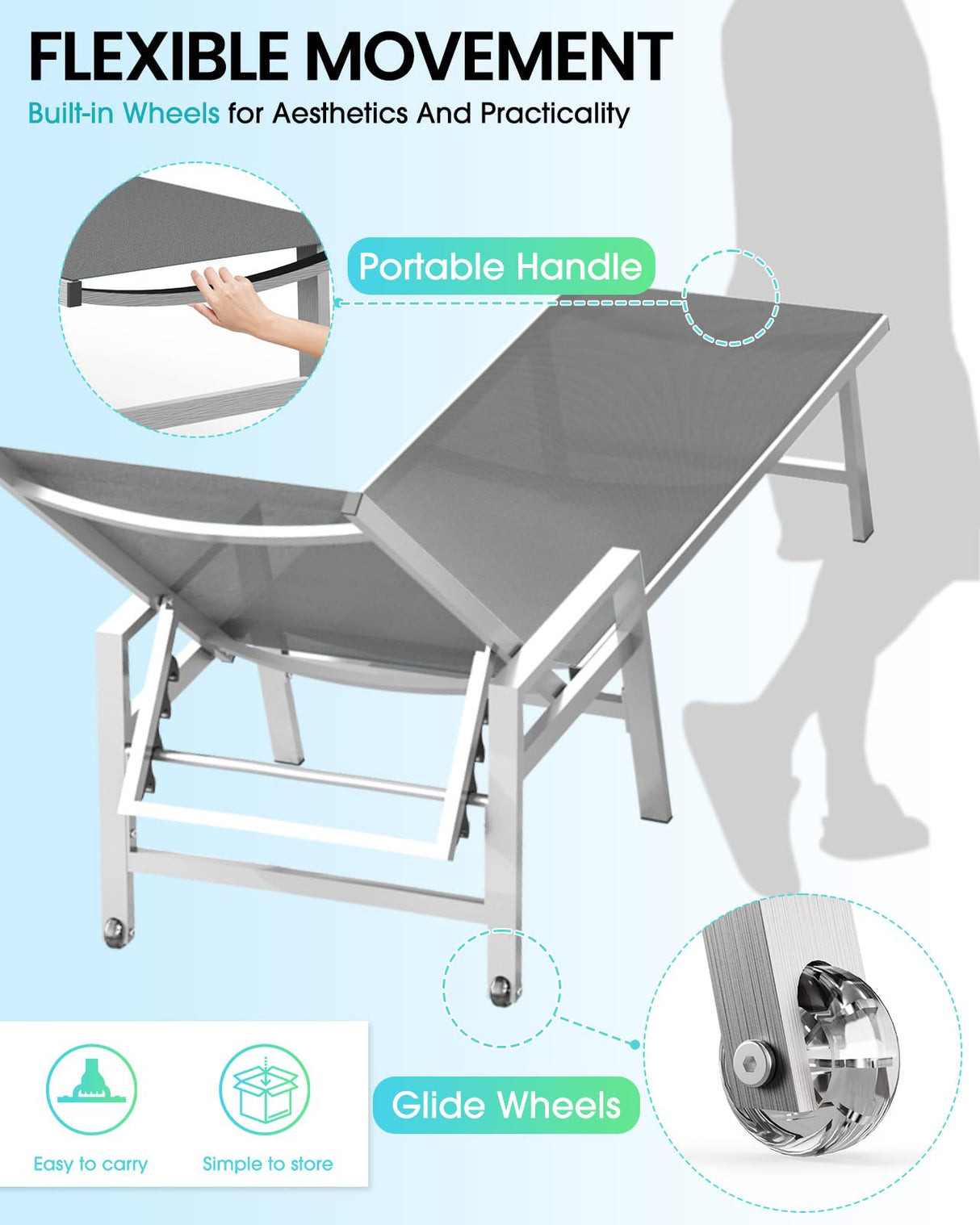 Vexwalx Patio Chaise Lounge Chair Outdoor with Wheels&Armrests, Aluminum Pool Lounge Chairs 5-Position Adjustable Recliner, Outdoor Beach Lounge Chairs for Poolside, Patio, Deck, Yard, Dark Gray Vexwalx