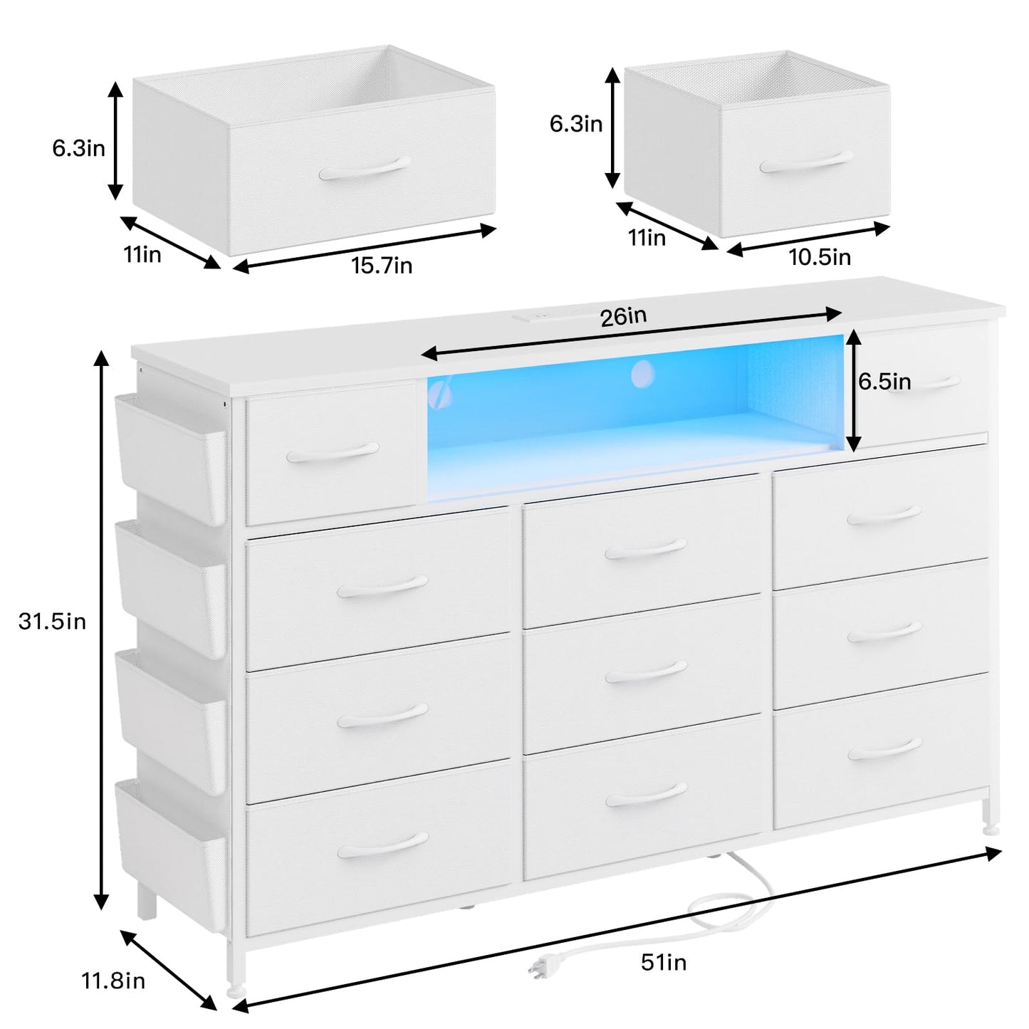 Fixwal White Dresser for Bedroom with Power Outlets and LED Lights 11 Drawers Dresser with Side Pocket for Kids Bedroom, Fabric Chest of Drawers, for 60inch TV Long Dresser Storage Organizer