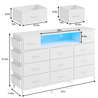 Fixwal White Dresser for Bedroom with Power Outlets and LED Lights 11 Drawers Dresser with Side Pocket for Kids Bedroom, Fabric Chest of Drawers, for 60inch TV Long Dresser Storage Organizer