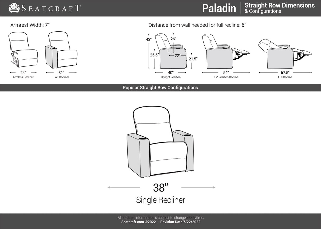 Seatcraft Paladin Home Theater Seating, Heat & Massage, Powered Headrest, Powered Lumbar, Italian Leather, Powered Recline, Single Recliner, Black Seatcraft