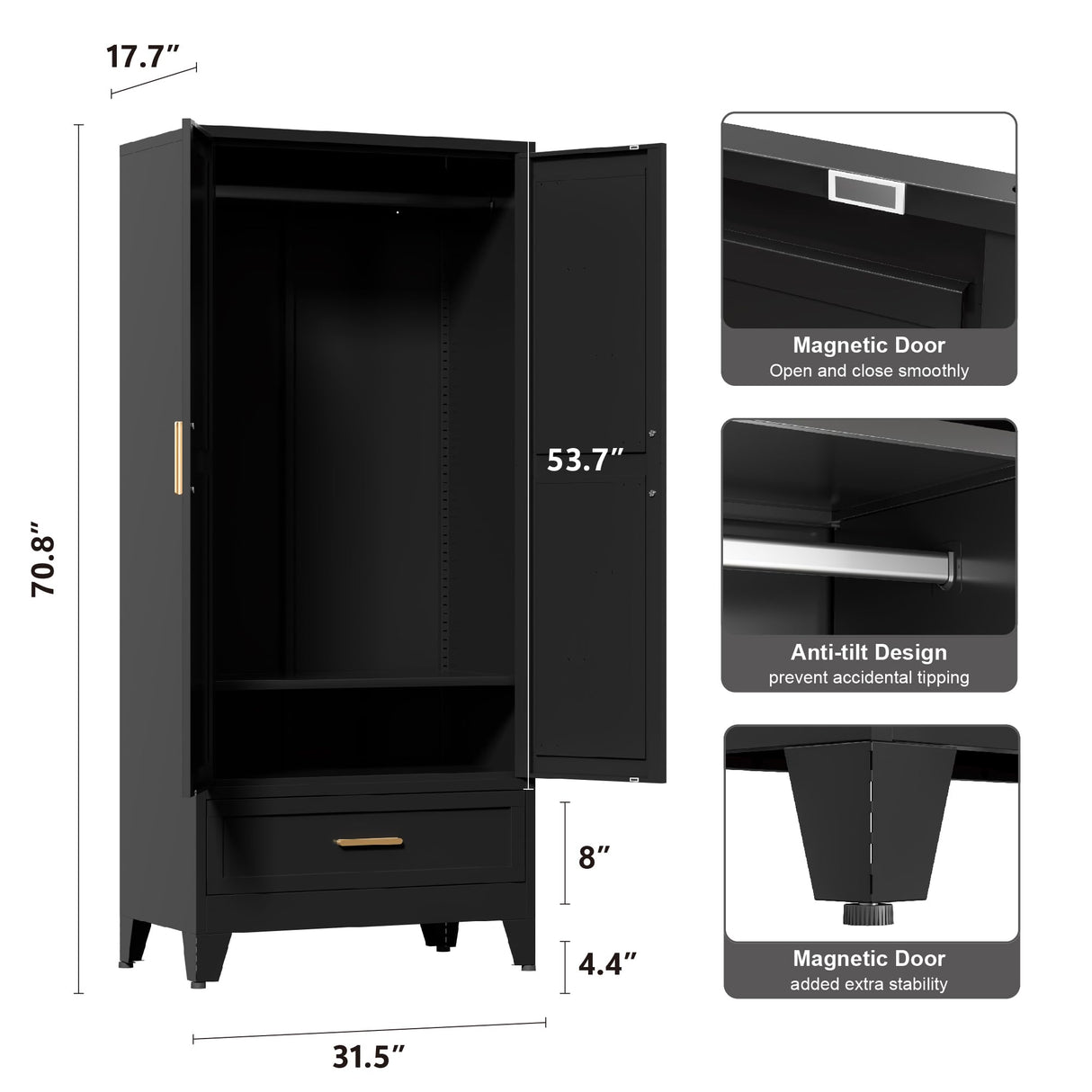 Washsemba 71'' Black Farmhouse Metal Wardrobe Cabinet with Hanging Rod, 2 Barn Door Wardrobe Closet with Adjustable Shelves,Drawer,for Dining Room,Bedroom,Living Room, Cloak Room,Office Washsemba