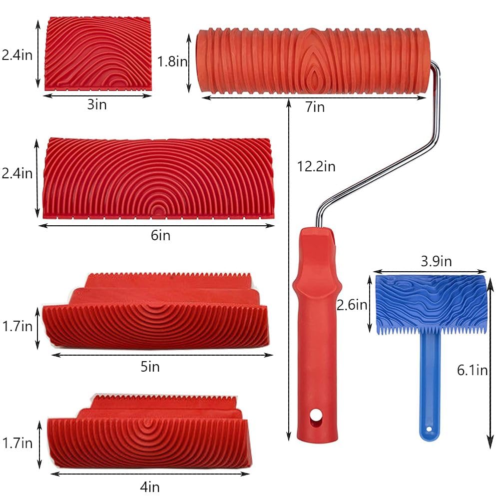 Wood Graining Tool Set, 6pcs 7" Fake Wood Grain Roller Painting Tool with Handle DIY Rubber Graining Tool Paint Look Like Wood for Wall Room Art Paint Decoration WoodArtSupply