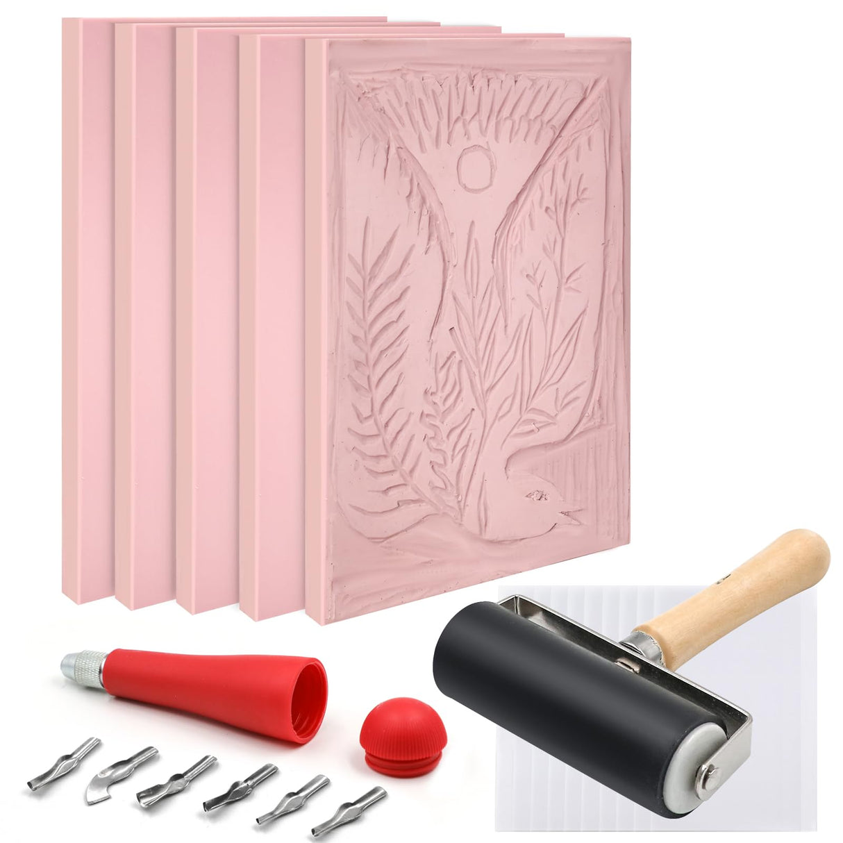 5 Pack 4x6 Pale Pink Rubber Stamp Carving Blocks Linoleum Block with Linoleum Cutter and Rubber Brayer Roller for Stamp Maker Printmaking Supplies Lyzskco