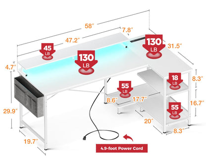 ODK 58 Inch L-Shaped Gaming Desk with LED Lights, USB Charging Ports, and Storage Solutions in Pure White - WoodArtSupply