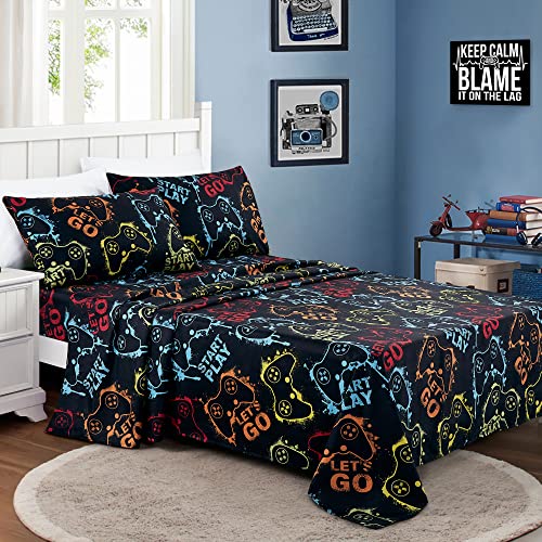 Chezmoi Collection 4-Piece Kids/Teens Gamer Sheet Set - Soft Microfiber Multi-Color Video Games Gamepad Whimsical Fun Kids Sheets, Full Size Chezmoi Collection