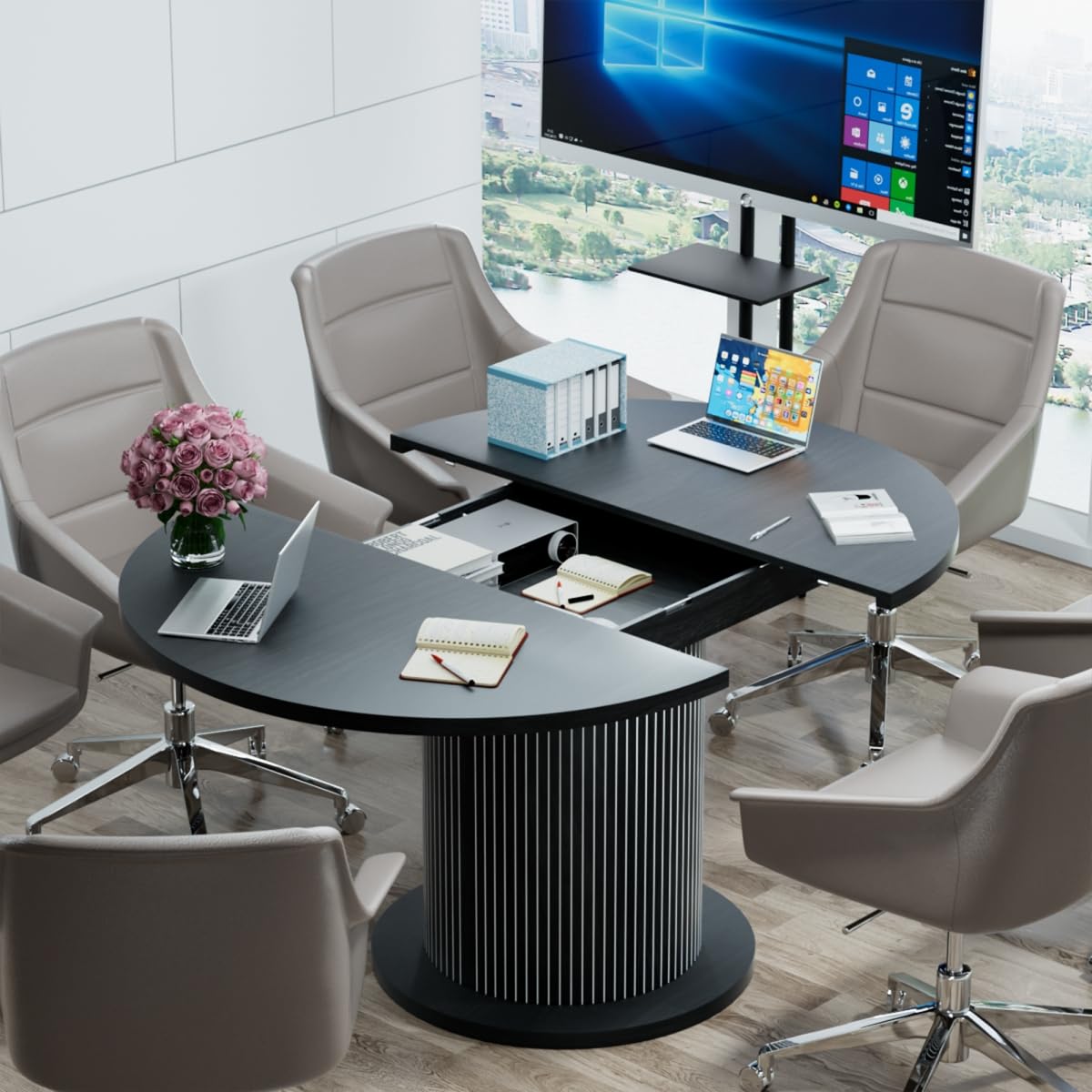 43.3 inch 59 inch Adjustable Size Round Conference Table for 4-6 People, Unique Design Modern Meeting Room Table, with Wood Strip Base (Black) Fiogmub