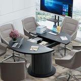 43.3 inch 59 inch Adjustable Size Round Conference Table for 4-6 People, Unique Design Modern Meeting Room Table, with Wood Strip Base (Black) Fiogmub