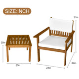 Dkeli Wood Patio Bistro Set 3 Pieces Outdoor Patio Furniture Set Table and Chairs Acacia Wooden Conversation Table Sets Sofa Chair with Padded Cushions for Garden, Backyard, Poolside, Balcony Dkeli