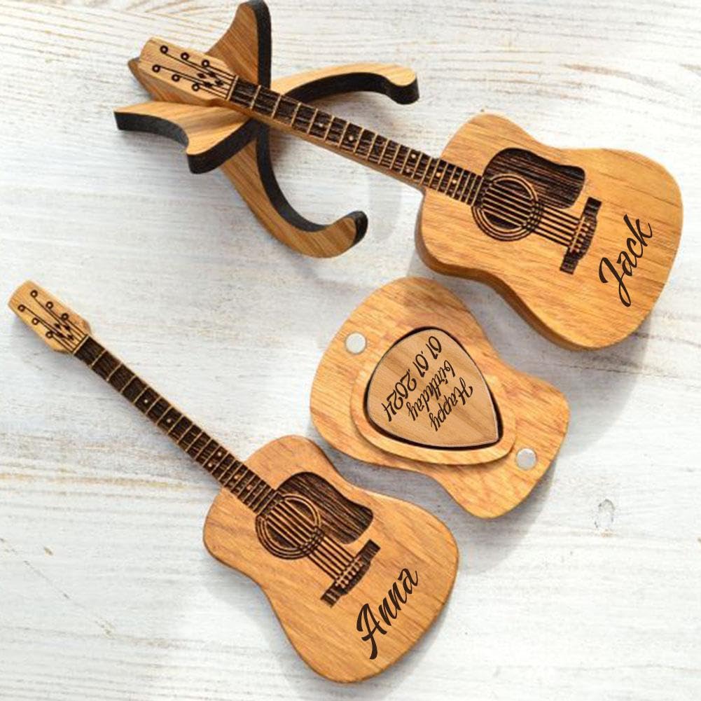 MANYUN Custom Guitar Pick Holder with 3PCS Guitar Picks, Personalized Wooden Guitar Picks Case with Stand, Unique Engraved Guitar Picks Acoustic Guitar Box for Electric Bass Guitar Ukulele Lo - WoodArtSupply