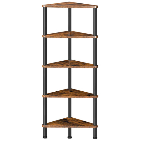 HOOBRO Corner Shelf Stand, Industrial 5-Tier Corner Bookshelf with Metal Frame, Plant Corner Display Shelf, Corner Bookcase for Small Spaces, Bedroom, Living Room, Rustic Brown BF33CJ01 HOOBRO