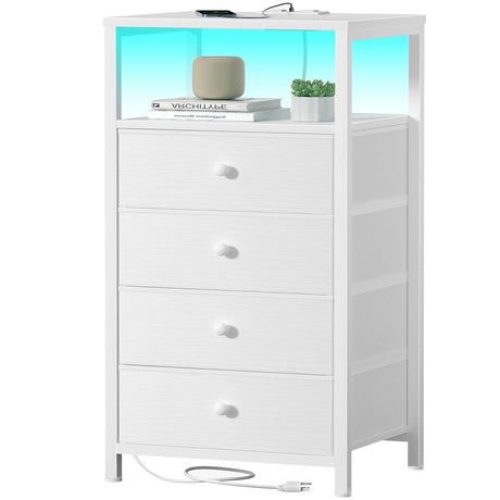 BOLUO Tall Night Stand with Drawers, White Nightstand with Charging Station and LED Light, Small White 4 Drawer Dresser for Bedroom, Room Storage Closet BOLUO