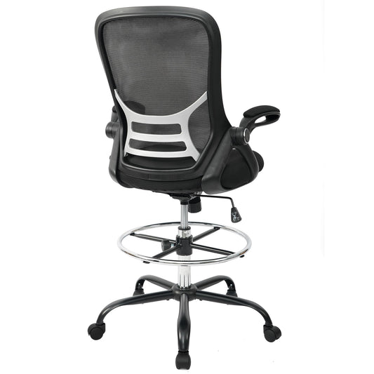 HYLONE Drafting Chair Tall Office Chair High-Back Mesh Standing Desk Stool with Adjustable Footrest Ring and Flip-Up Arms (Black) - WoodArtSupply