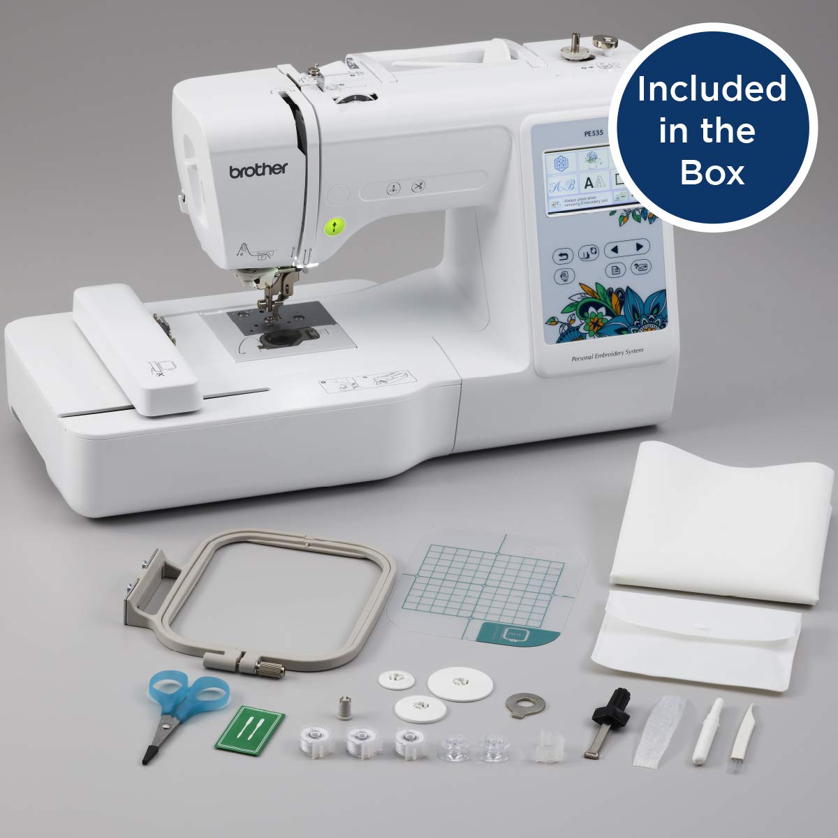 Brother PE535 Embroidery Machine, 80 Built-in Designs, 4" x 4" Hoop Area, Large 3.2" LCD Touchscreen, USB Port, 9 Font Styles Brother