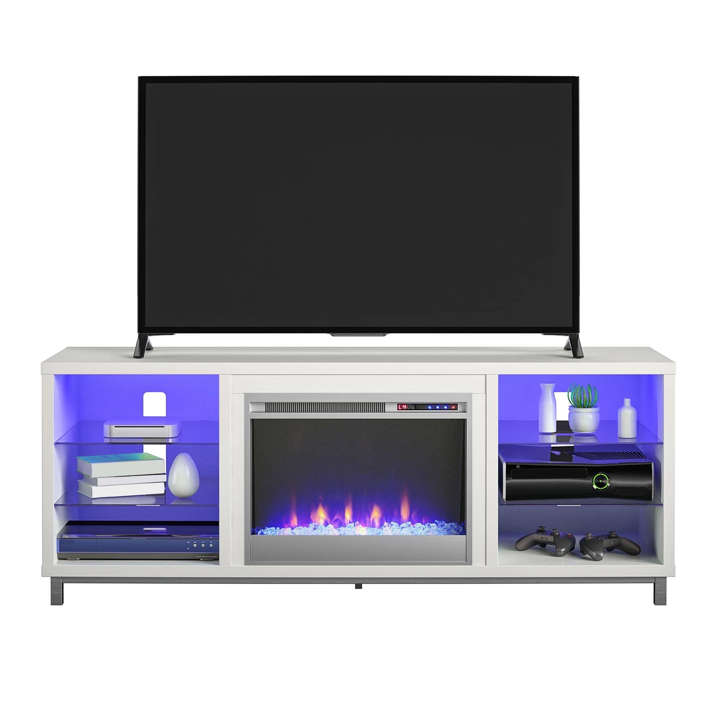 Ameriwood Home Lumina Fireplace TV Stand for TVs up to 70 Inch, Replaceable Electric Fireplace Insert Heater, Remote Control, Timer, Color Changing LED Lights, Crystal Ember Flames, White - WoodArtSupply