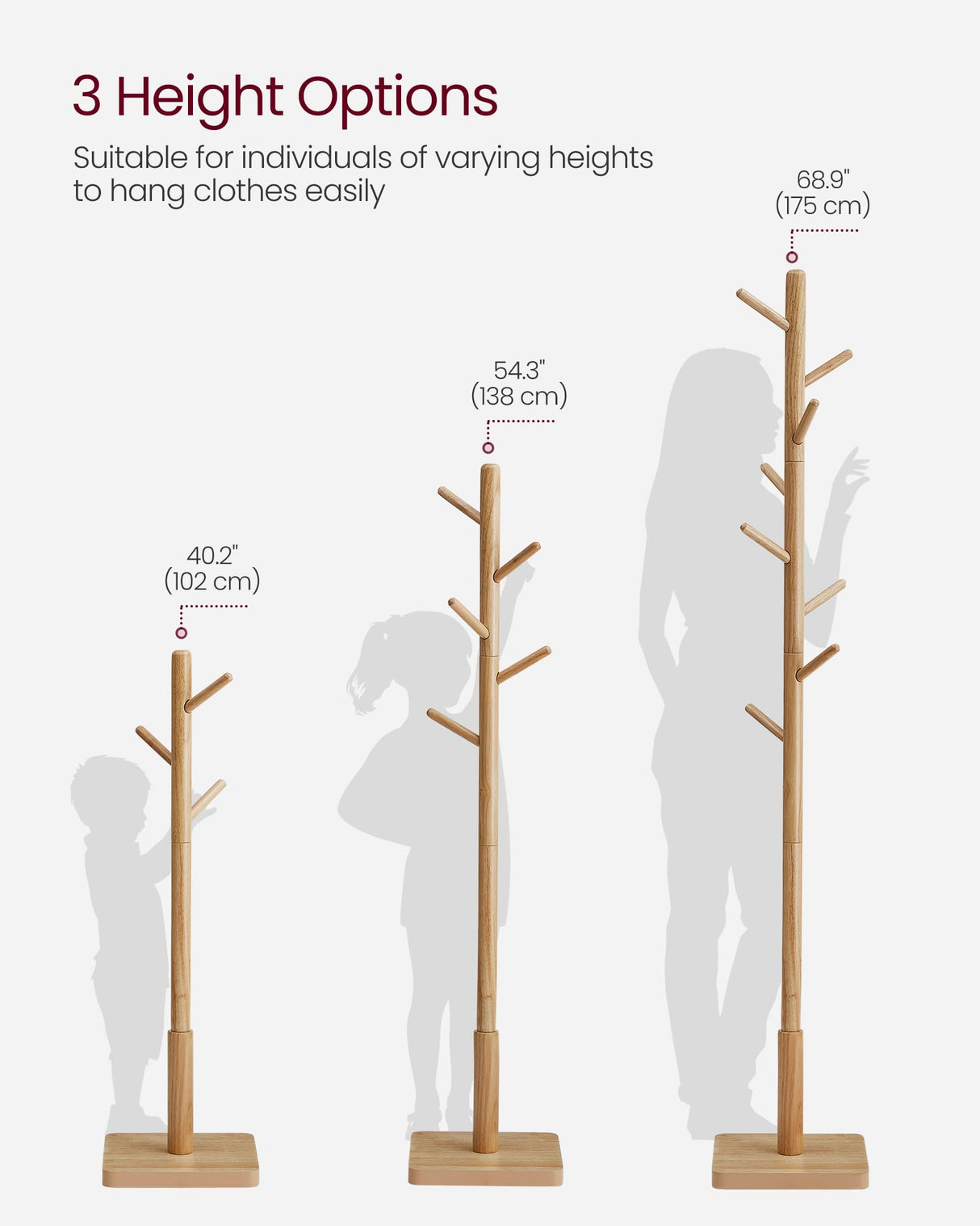 VASAGLE Solid Wood Coat Rack, Free Standing Hall Coat Tree with 8 Hooks, 3 Height Options, for Coats, Hats, Bags, Purses, for Entryway, Hallway, Rubberwood Hooks and Pole, Natural Beige URCR010N01 VASAGLE