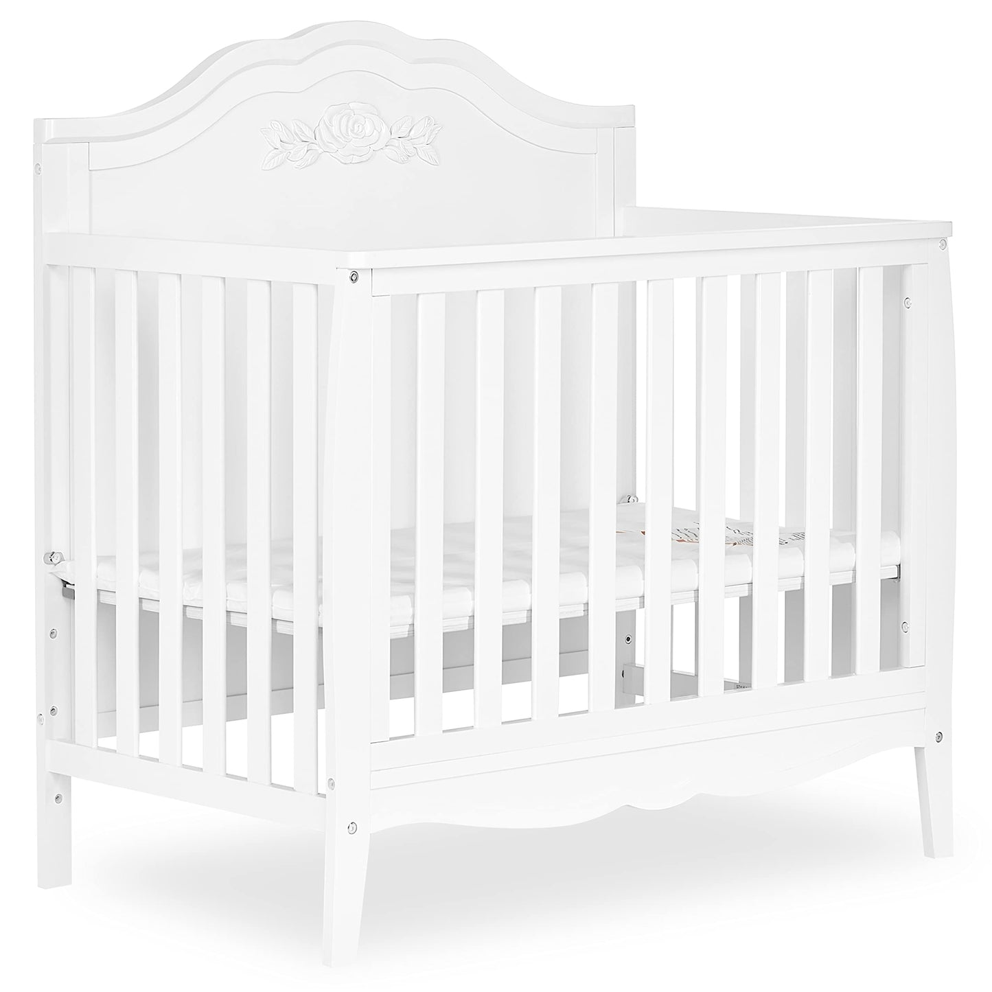 SweetPea Baby Rose 4-in-1 Convertible Mini Crib in White, JPMA Certified Baby Crib, Non-Toxic Finish, New Zealand Pinewood, with 3 Mattress Height Settings