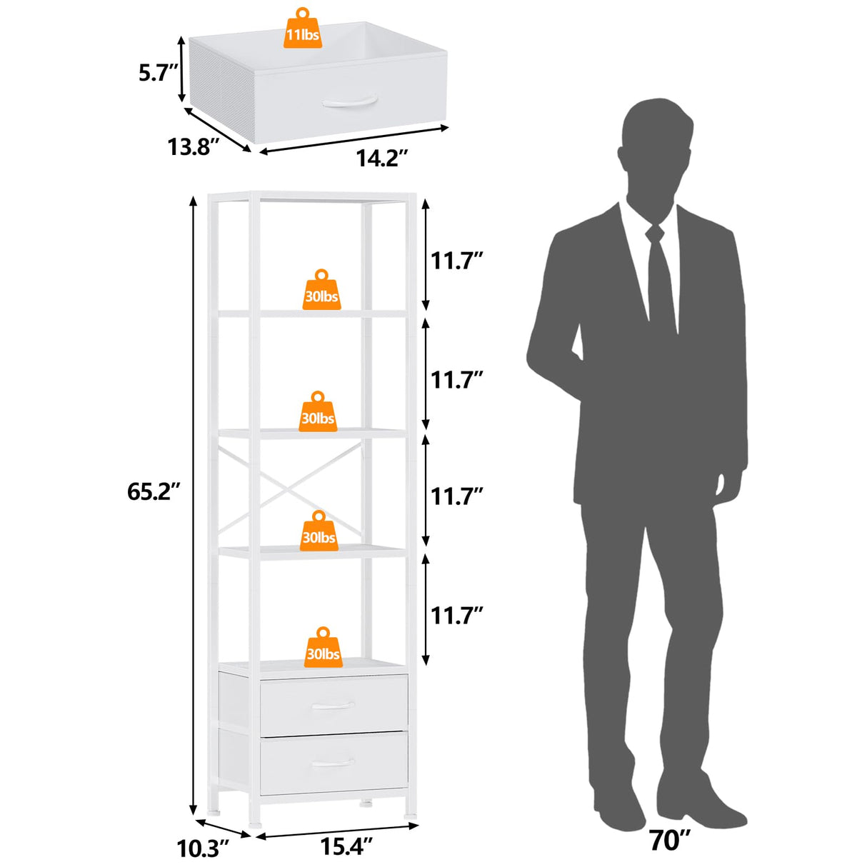 Furnulem 5-Tier Corner Shelf, Narrow Bookshelf with 2 Storage Drawers, Tall Bookcase, Standing Shelf Organizer Unit for Living Room, Bedroom, Metal Frame, Wood Display Shelf(White) Furnulem