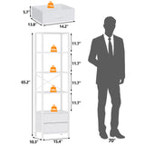 Furnulem 5-Tier Corner Shelf, Narrow Bookshelf with 2 Storage Drawers, Tall Bookcase, Standing Shelf Organizer Unit for Living Room, Bedroom, Metal Frame, Wood Display Shelf(White) Furnulem