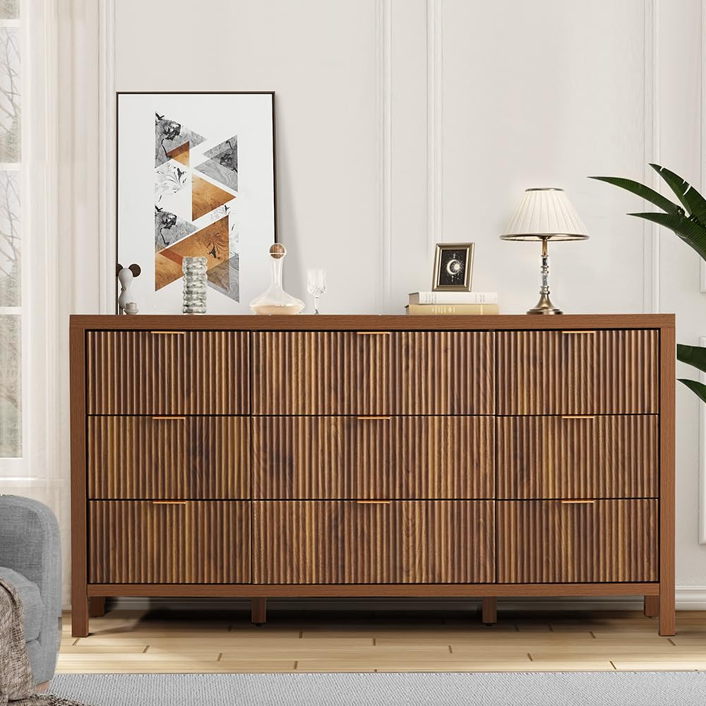 affeivul Mid Century Modern Dresser TV Stand, 9 Drawer Dresser for Bedroom Wood, Farmhouse Boho Storage Cabinet Side Table with Solid Natural Wood Legs, Long Wooden Dresser for Closet (Walnut) affeivul