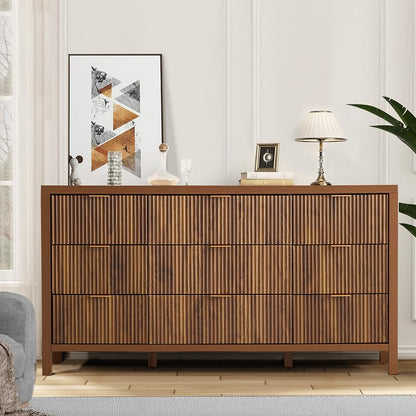 affeivul Mid Century Modern Dresser TV Stand, 9 Drawer Dresser for Bedroom Wood, Farmhouse Boho Storage Cabinet Side Table with Solid Natural Wood Legs, Long Wooden Dresser for Closet (Walnut - WoodArtSupply