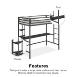 Novogratz Maxwell Grey Metal Twin Loft Bed with Integrated Desk & Shelves Novogratz