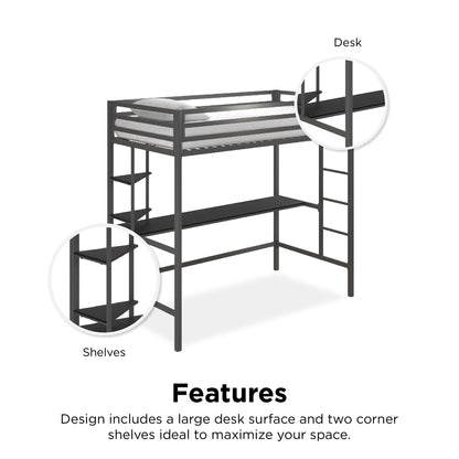 Novogratz Maxwell Grey Metal Twin Loft Bed with Integrated Desk & Shelves - WoodArtSupply