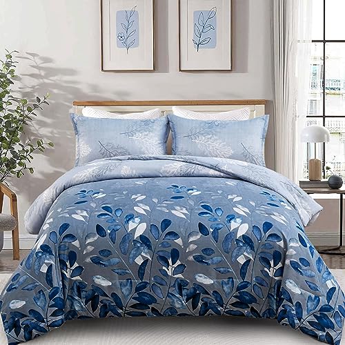 DJY Blue Comforter Set King, Navy Botanical Leaves Comforter for King Bed 3 Pieces Reversible Floral Bed Comforter Sets Soft Microfiber Bedding Set for All Season (104"x90") DJY