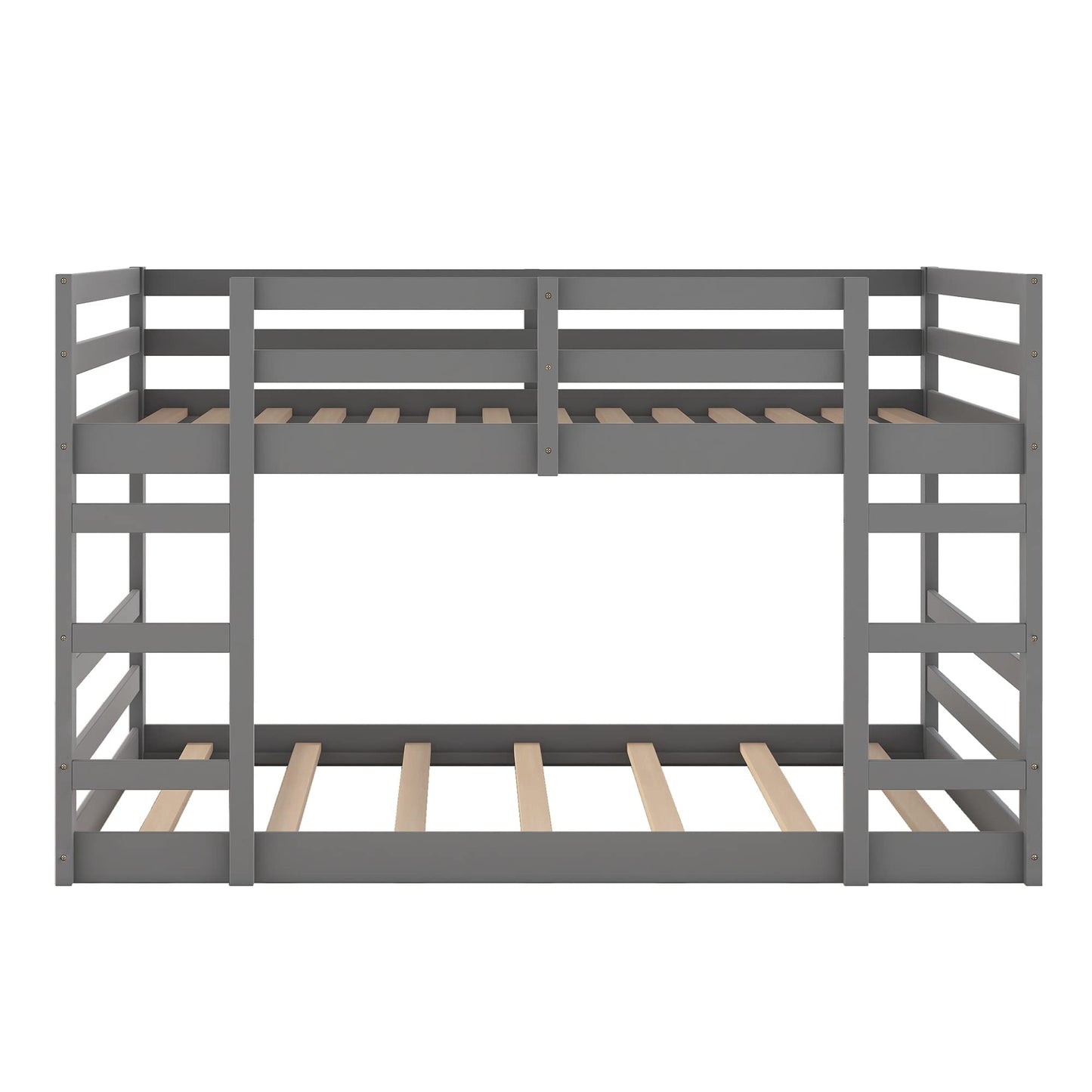 Low Profile Full Over Full Bunk Bed Frame with Ladder - Solid Wood Design in Grey for Kids and Teens - WoodArtSupply