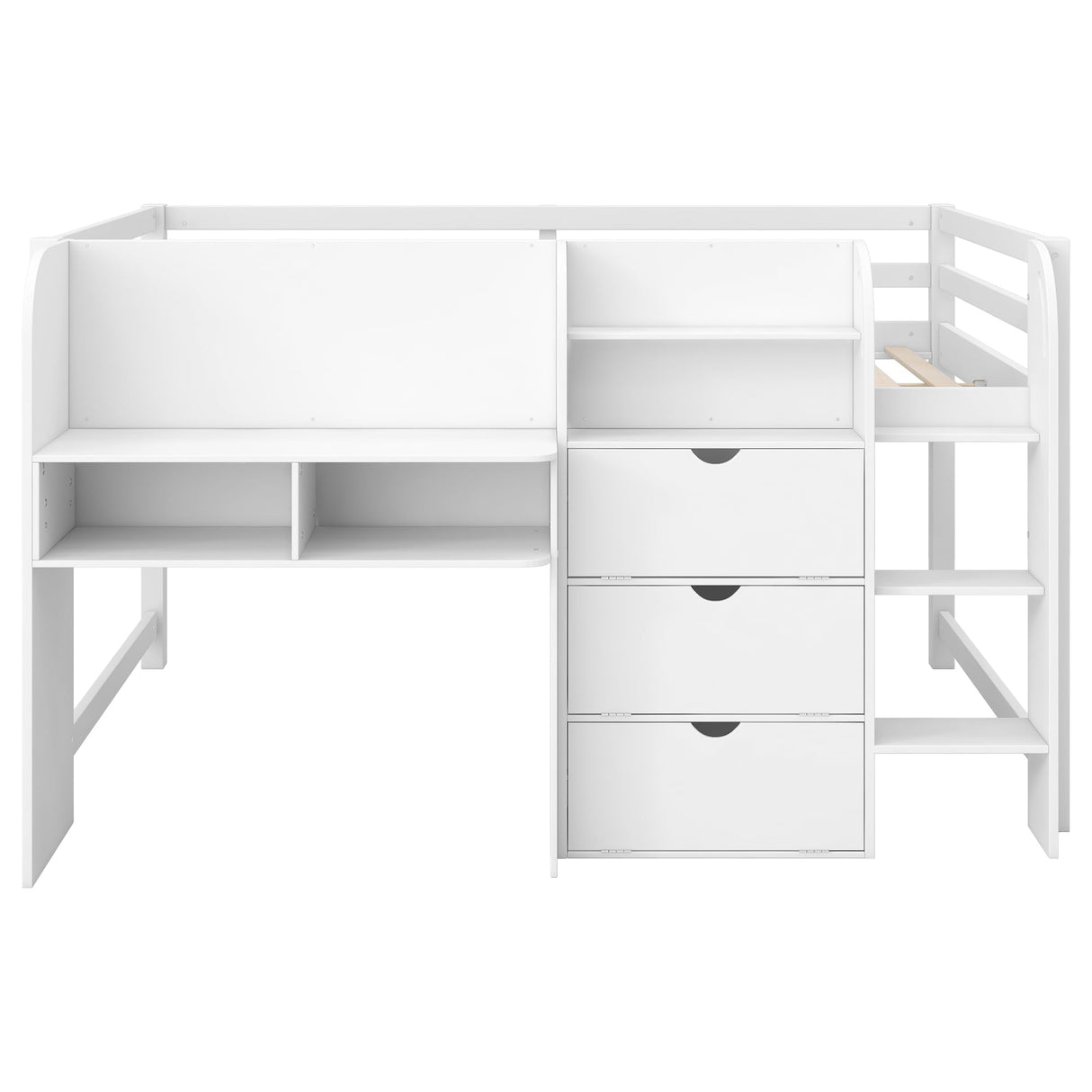 SOFTSEA Full Size Low Loft Bed with Desk & Storage, Solid Wood Loft Bed with Drop-Down Cabinets, Open Shelves & Whiteboard for Kids Juniors Boys Girls, White SOFTSEA