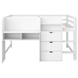 SOFTSEA Full Size Low Loft Bed with Desk & Storage, Solid Wood Loft Bed with Drop-Down Cabinets, Open Shelves & Whiteboard for Kids Juniors Boys Girls, White SOFTSEA