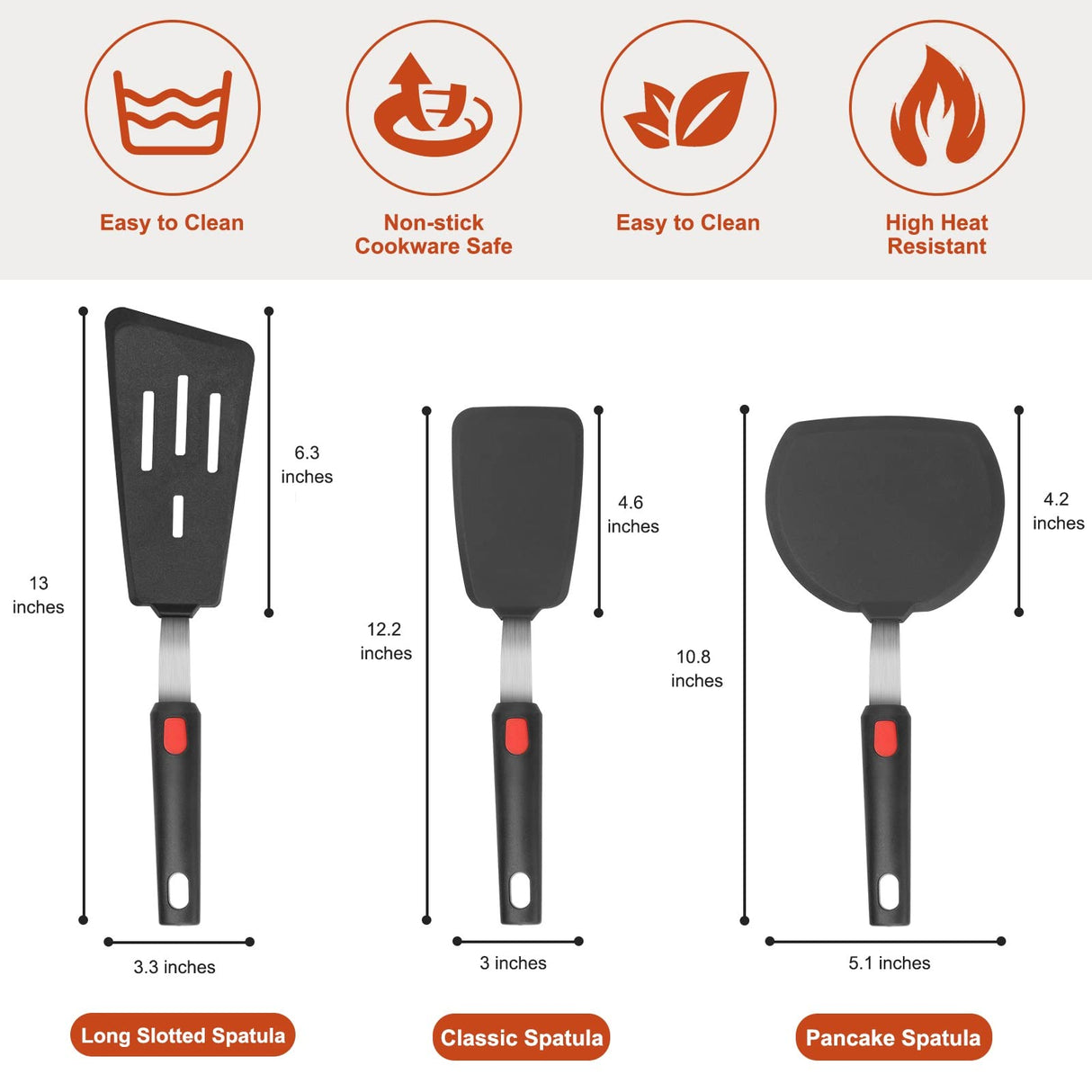 Hotec Silicone Spatula Turner for Nonstick Cookware, Cooking Spatula 600°F Heat Resistant Large Flexible Rubber Spatula Set of 3, Kitchen Utensils for Flipping Eggs, Burgers, Pancakes, Crepes HOTEC