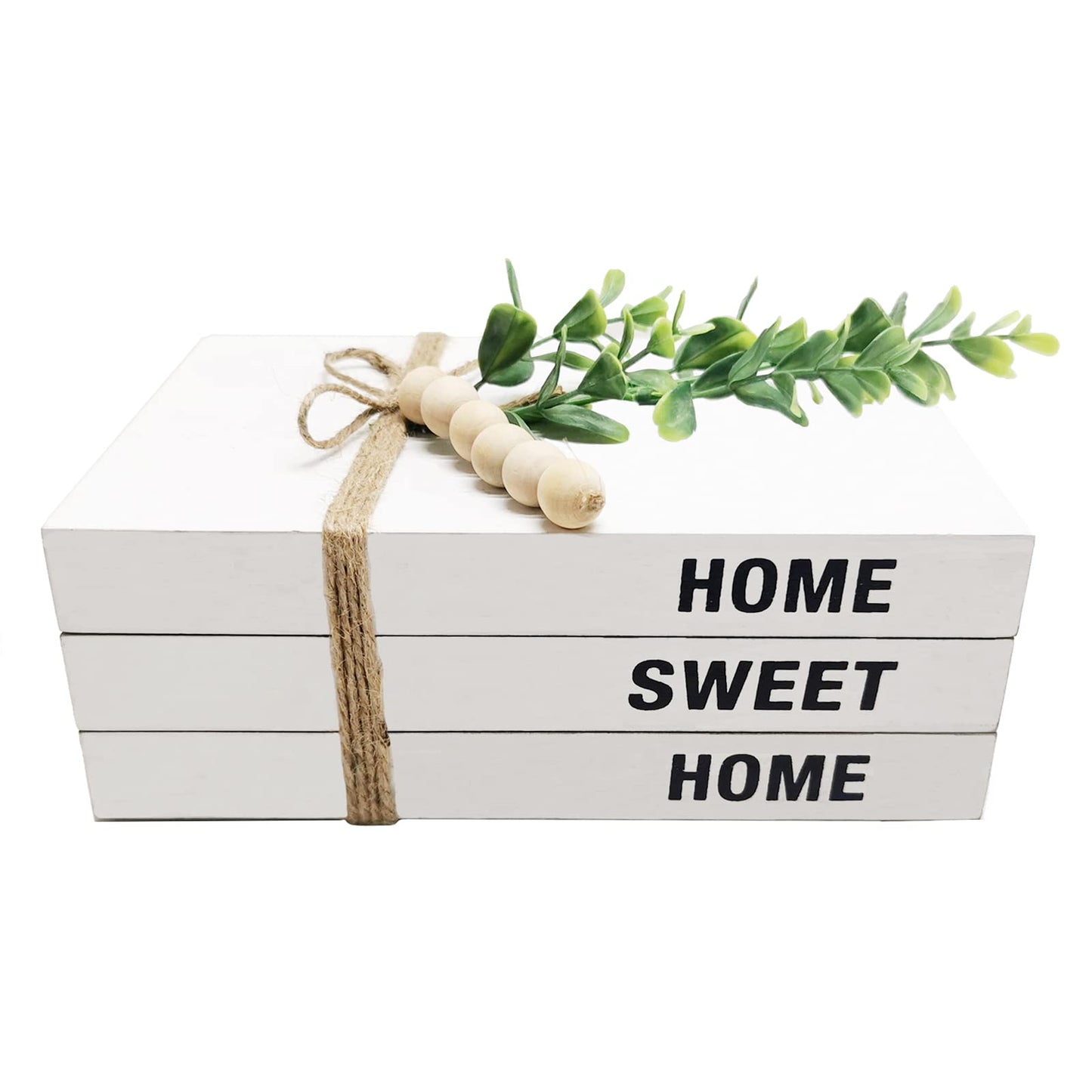 Licornism 3 Pieces Decorative Wooden White Book for Home Decor,Farmhouse Stacked Faux Books with Wood Bead Garland （Home, Sweet, Home）