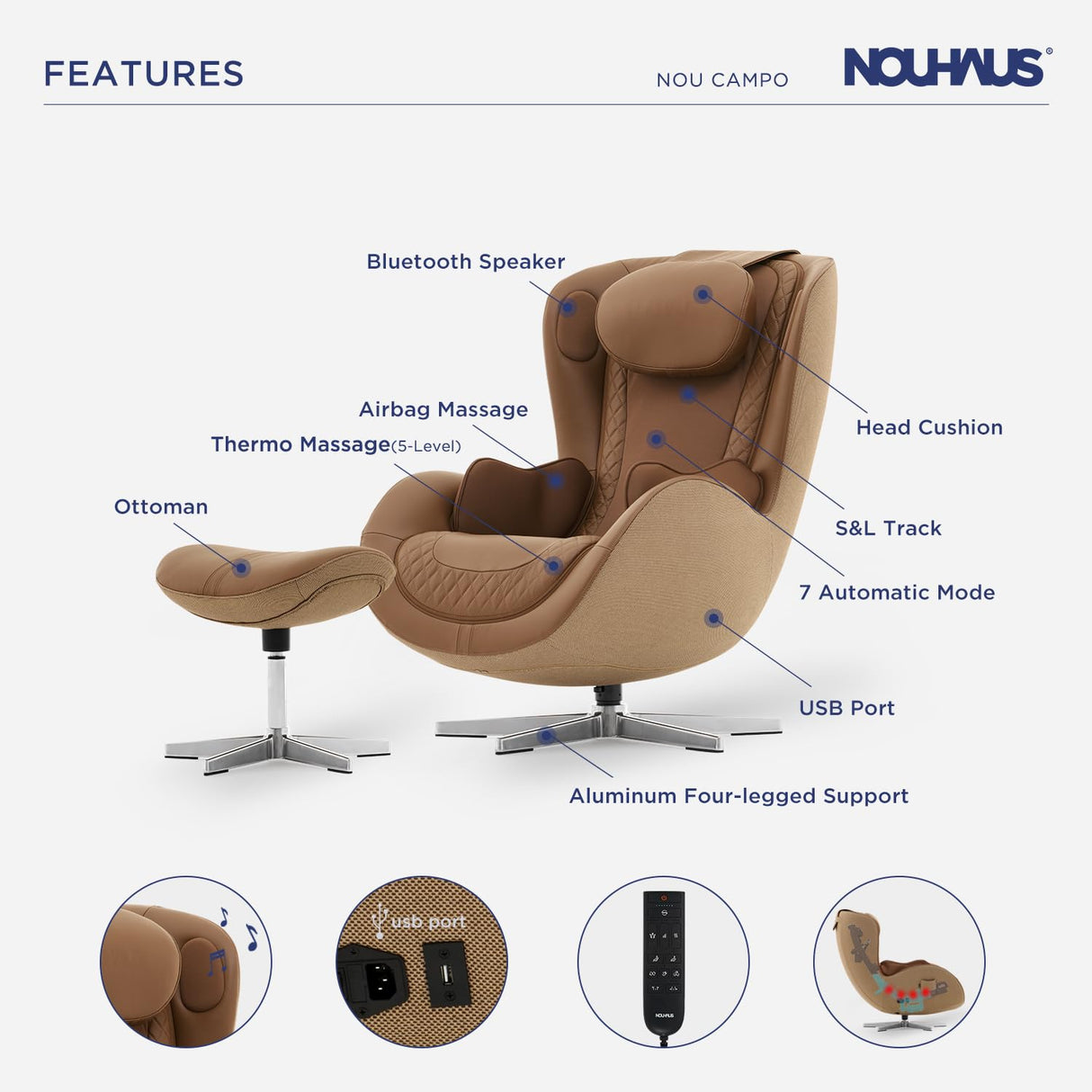Nouhaus NOU Campo Heated Massage Chair,Full Body Massaging Zero-Gravity Leisure Recliner with Low-Noise 3D Massage and Dual Sound Systems Modern Massage Chairs (Dark Caramel) Nouhaus