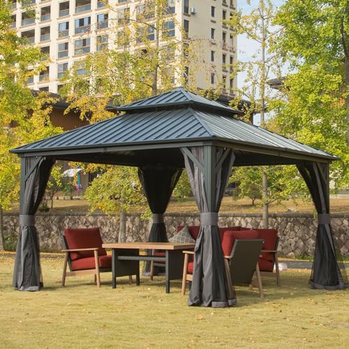 Domi Hardtop Gazebos 12x12FT, Aluminum Metal Gazebo with Galvanized Steel Double Roof Canopy, Curtain and Netting, Permanent Gazebo Pavilion for Patio, Backyard, Deck and Lawn, Grey