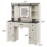 BTHFST Farmhouse Vanity Desk with Sliding Mirror and Lights, Large Makeup Vanity with Glass Top & Charging Station, Vanity Table with 5 Drawers & Shelves & Cabinets, Antique White BTHFST