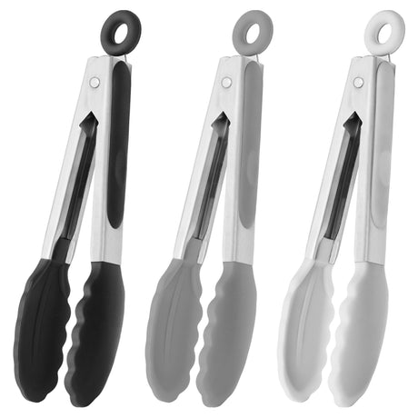 HINMAY Small Silicone Tongs 7-Inch Mini Serving Tongs, Set of 3 (Black Gray White) HINMAY